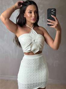 Women's 2-Piece Set Knit Skirt And Cropped Crochet Party Beach New Year's Eve Knit Christmas - 白色 - 查看 4