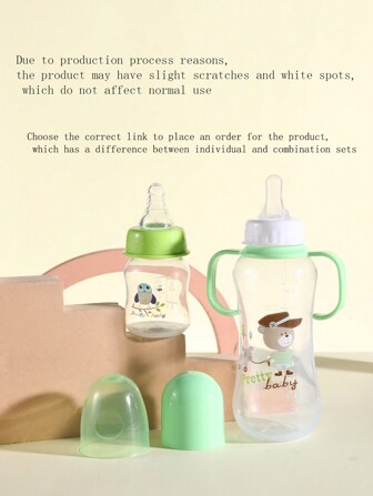 A Set Of 2 Baby Bottles, 60ml And 280ml Combination, Green Newborn Anti Bloating Baby Cartoon Pattern
