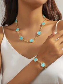 yhvmcl 1 pieza Elegante conjunto de collar de cadena multicapa de flor de cinco pétalos de metal minimalista para mujeres