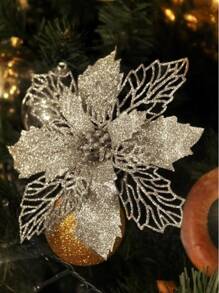 2pcs/6pcs/10pcs Glitter Christmas Poinsettia Flowers, Multi-Color Artificial Poinsettias With Clips, Hollow Glittery Poinsettia Flowers, Christmas Decorations, Holiday Accessories, Christmas Tree, Wreaths, Glitter Poinsettia Ornaments, Holiday Decor DIY Wreaths, Party Decorations,Christmas - Champagne - View 4
