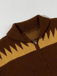 Men's Vintage Diamond Pattern Jacquard Knit Sweater, Loose Fit, Zip-Up, Dropped Shoulder, Suitable For Autumn And Winter - Brown - View 5