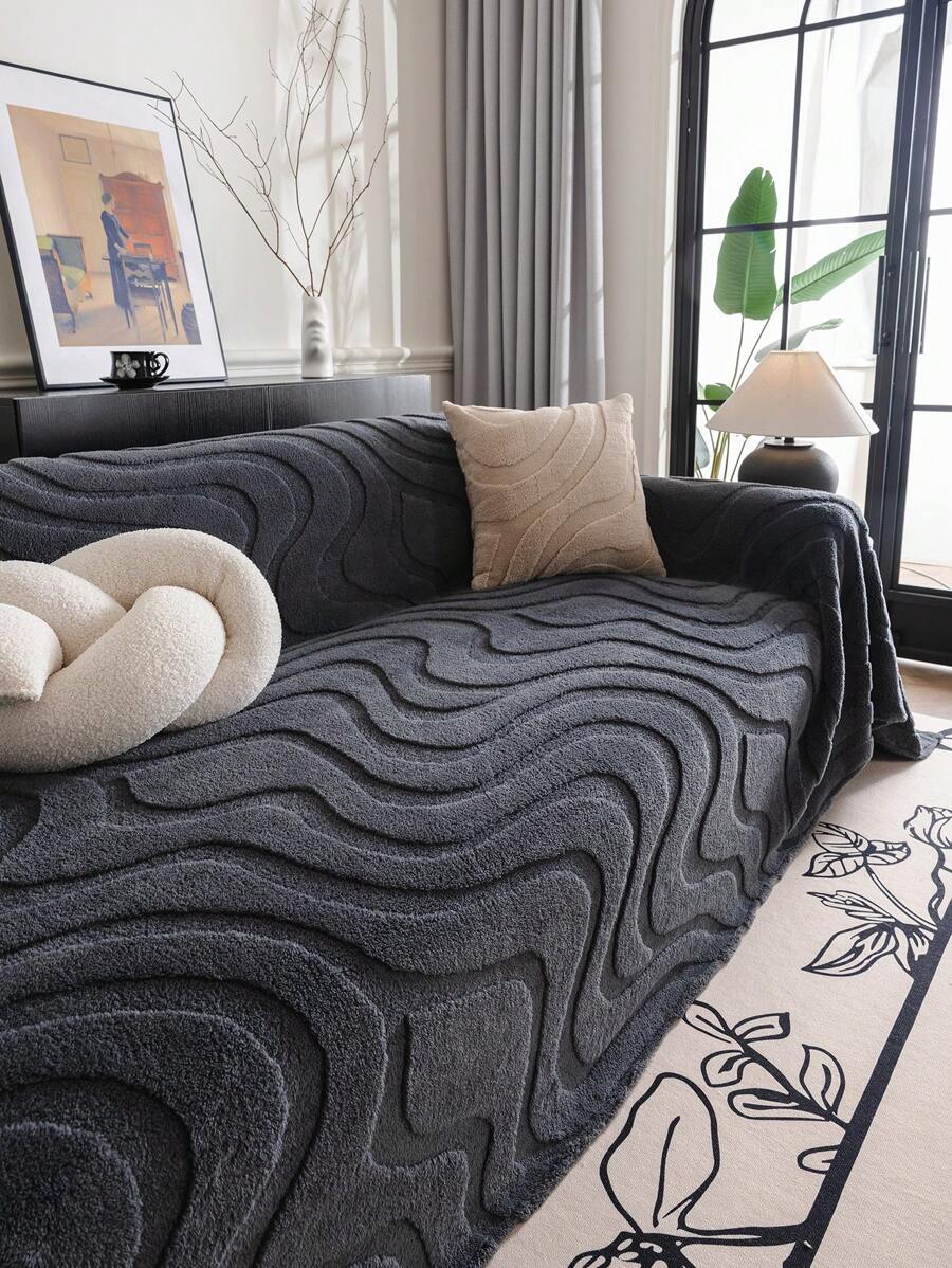 1 copri divano in peluche con texture ondulata, di colore unito, stile semplice e moderno, design antiscivolo per ufficio, camera da letto, soggiorno, lavabile in lavatrice e resistente agli animali domestici, adatto per tutte le stagioni