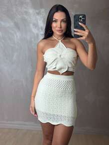 Women's 2-Piece Set Knit Skirt And Cropped Crochet Party Beach New Year's Eve Knit Christmas - 白色 - 查看 3