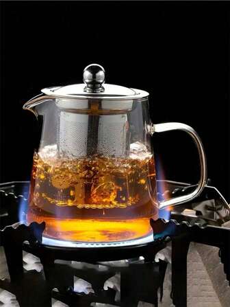 1pc 304 Stainless Steel Glass Tea Pot With Filter, Heat-Resistant, Suitable For Home, Restaurant, Office And Camping, Beverage Supply For Summer And Winter