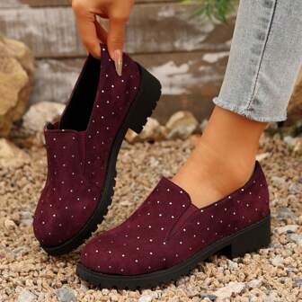 Round Toe Chunky Heel Vintage British Style Slip-On Polka Dot Elastic Loafers