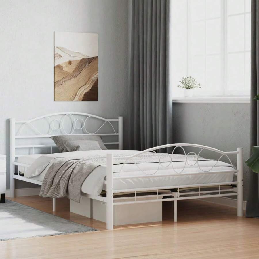 White Metal Bed Frame 120x200 Cm Stylish Durable Design Space Saving Solution - White - View 1