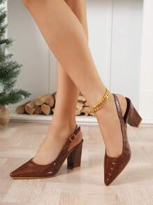 Brown Pointed Toe Slip-On High Heel Pumps With Side Buckle, Chic & Versatile For Formal Occasions, All Seasons - Brown - View 4