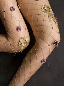 性感花朵蜜蜂渔网袜，手工透气网眼连裤袜，时尚紧身裤 - 杏色 - 查看 5