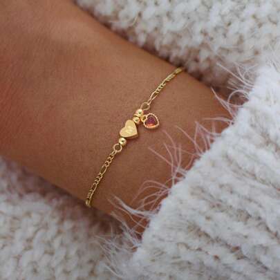 1pc Vintage Fashion Heart Letter Red Crystal Gold Stainless Steel NK Chain Bracelet, Women