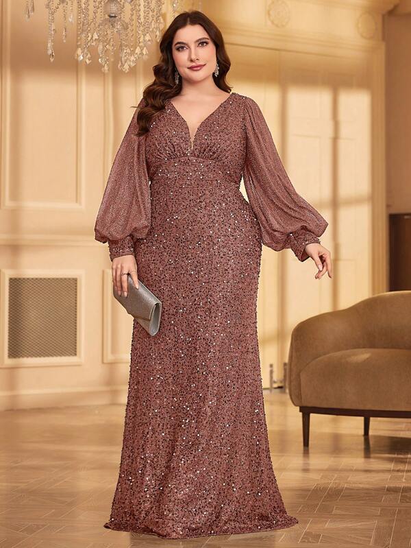 Vestido de festa plus size feminino com manga comprida e lantejoulas, elegante vestido formal para convidada de casamento, para formatura, vestido de festa para jantar, vestido de noiva, trajes femininos para aniversário, vestido formal