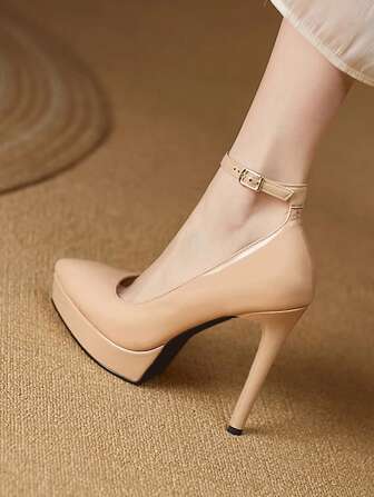Women's High Heel Shoes With Waterproof Platform, Strap Buckle, Thin Stiletto Heel, Super High, Available In Pink, Apricot, Nude, Burgundy, Black, White, Red, Silver, Gold, Fashion Patent Leather