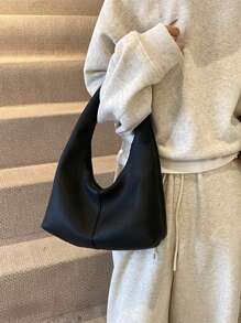 黑色荔枝纹休闲简约大容量轻便百搭女士腋下单肩包 - 黑色 - 查看 3