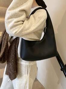 黑色荔枝纹休闲简约大容量轻便百搭女士腋下单肩包 - 黑色 - 查看 4