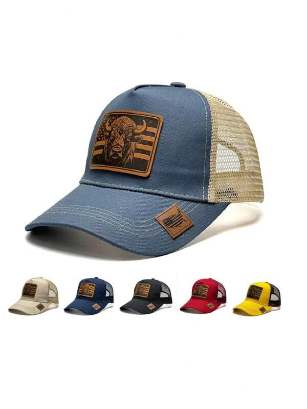 1pc Cow-Patterned Baseball Cap - Unique Leather Patch Design, Breathable Mesh Back, Quick Closing, All-Season Fit, Hand Wash - Casual And Outdoor Style