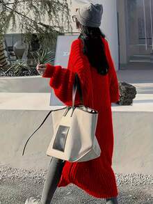 Plus Size Women V-Neck Pockets Ribbed Knitted Cardigan - Red - View 2