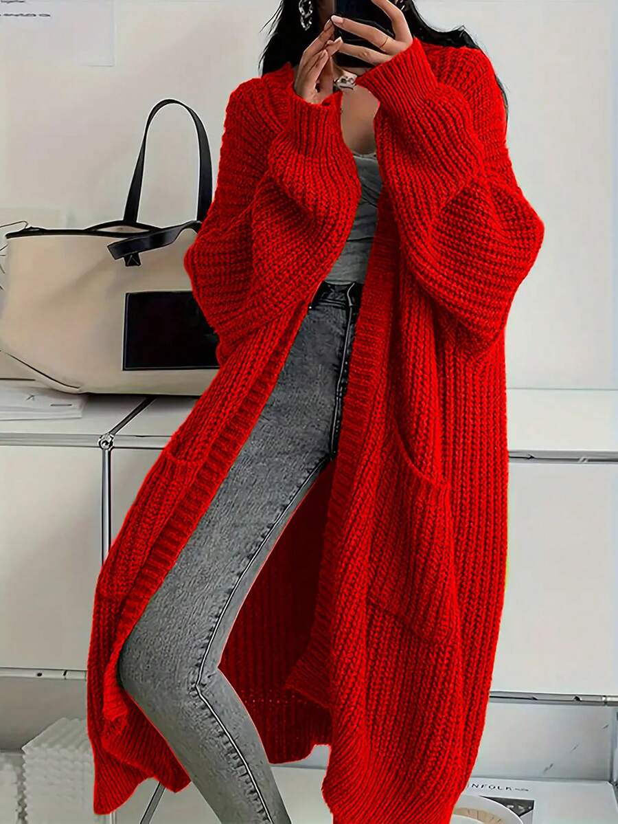Plus Size Women V-Neck Pockets Ribbed Knitted Cardigan - Red - View 1