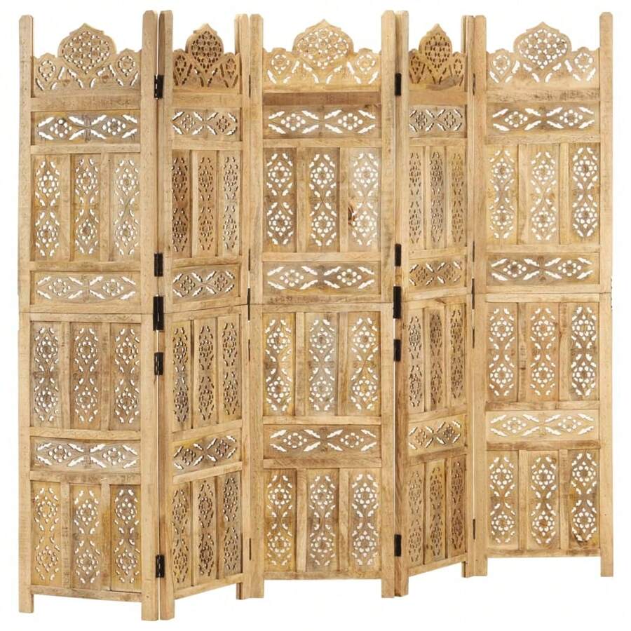 Handcrafted Solid Wood 5-Panel Room Divider 200x165 Cm Unique For Home Decor - Brown - View 1