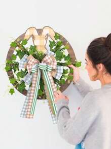 1pc Easter Bunny Wreath Home Decor, Front Door Hanger With Rabbit Wheel And Ribbon Design, Suitable For Holiday Atmosphere Scenes And Window/Wall Decor, Classic Outdoor Decoration Gift - Multicolor - View 1