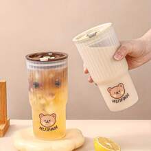 WORTHBUY 1pc 650ml Portable Transparent Plastic Water Bottle With Lid, Leakproof Coffee Mug With Cute Bear Pattern, Suitable For Adults And Children Going To School, Office Or Travel - Brown - View 3