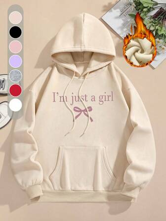 图案印花休闲保暖内衬连帽衫，口袋秋冬休闲羊毛运动衫，女士服装