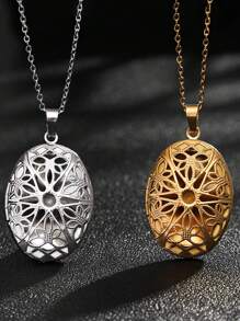 Collar con colgante locket ovalado hueco de acero inoxidable creativo DIY para mujeres, collar con colgante ovalado hueco vintage con diseño floral