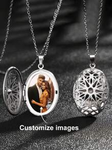 Collar con colgante locket ovalado hueco de acero inoxidable creativo DIY para mujeres, collar con colgante ovalado hueco vintage con diseño floral