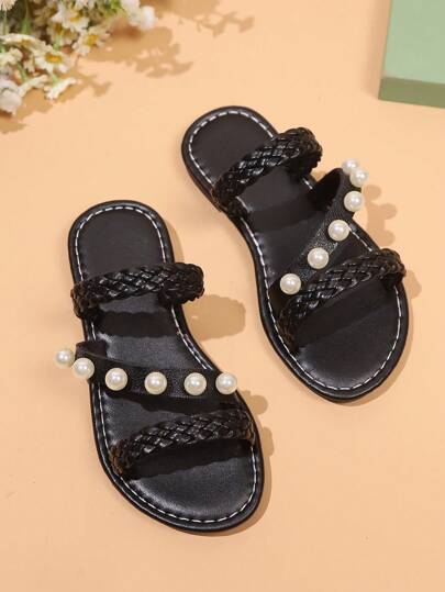 1 双幼儿女童平底凉鞋，PU 编织带圆头防滑轻便舒适罗马凉鞋，时尚可爱，适合日常穿着、聚会、休闲，适合 3-15 岁女孩，新款春夏白珍珠凉鞋