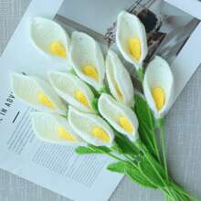 1/3/6/10 Pcs Handmade Crochet White And Yellow Calla Lily Flowers. Artificial Flowers, Yarn Flowers. Suitable As A Gift For Mom, Or Her Decoration, Or For Restaurant, Living Room, Bedroom, Party, Wedding, Outdoor Decoration. Fit For Spring/Summer Decor, Easter, Mother's Day, Thanksgiving, Harvest Festival, New Year, Housewarming, Wedding And Other Celebrations. Gifts Birthday Graduation