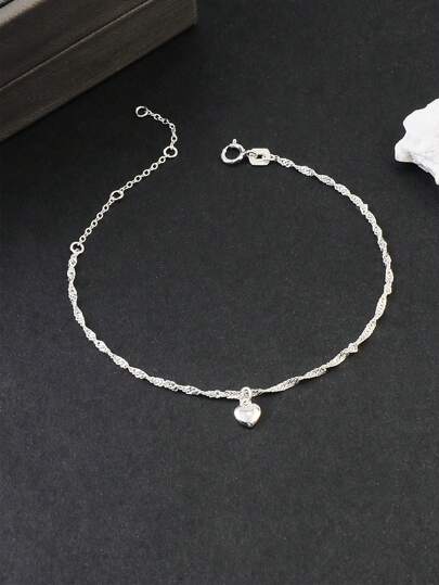 1 st Dainty S925 Sterling Silver Water Wave & Heart Design Charm Armband, Delikat Trendigt För Kvinnor Dagligt slit
