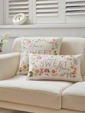 1pc Beige Imitation Linen Flower Embroidery Pillowcase Perfect For Any Seasons Decoration