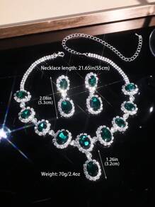 1pc Green Geometric Waterdrop Crystal Necklace And 1 Pair Earrings, Multifunctional Jewelry Set - Suitable For Women's Daily Wear, Weddings, Parties, And Other Occasions - Silver Green - View 5