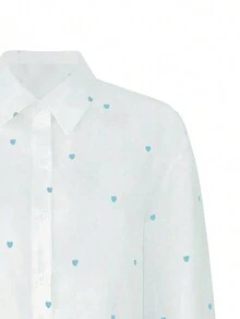 女士休闲修身心形印花 Polo 领衬衫，适合度假、蜜月、约会、可爱青春造型、长袖上衣、春夏秋季 - 藍白色 - 查看 8