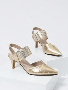 Dam spetsad tå asymmetriskt elastiskt band guld ankelrem högklackat pumpar - Guld - Visa 6