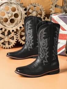 男士刺绣切尔西靴，适合所有季节，时尚户外高帮超纤皮靴，英伦风男靴，西部牛仔靴 - 黑色 - 查看 3