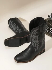 男士刺绣切尔西靴，适合所有季节，时尚户外高帮超纤皮靴，英伦风男靴，西部牛仔靴 - 黑色 - 查看 8