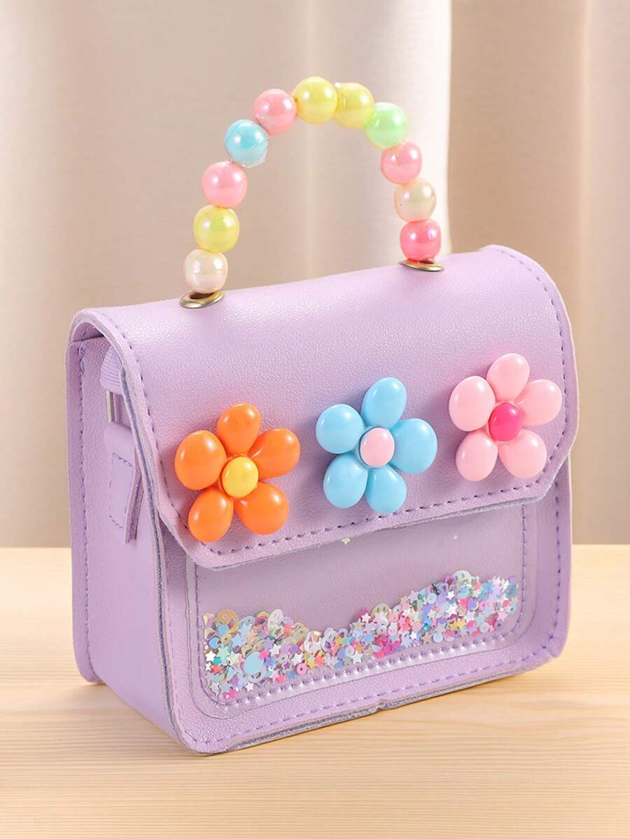 1pc Multi-Color Cute Floral & Pearl Handbag, Girls' Shoulder Bag, Suitable For School, Campus, Card Holder, Coin Purse, Versatile Daily Use, Gift - Mauve Purple - View 1