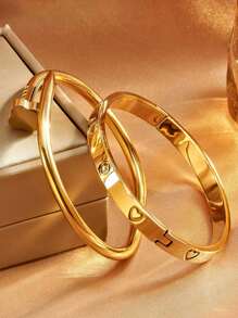 2 件/套波西米亚风格不锈钢金色幸运四叶草、心形和星形手镯套装，18K 镀水钻 - 非常适合购物、化装派对和浪漫约会、礼物