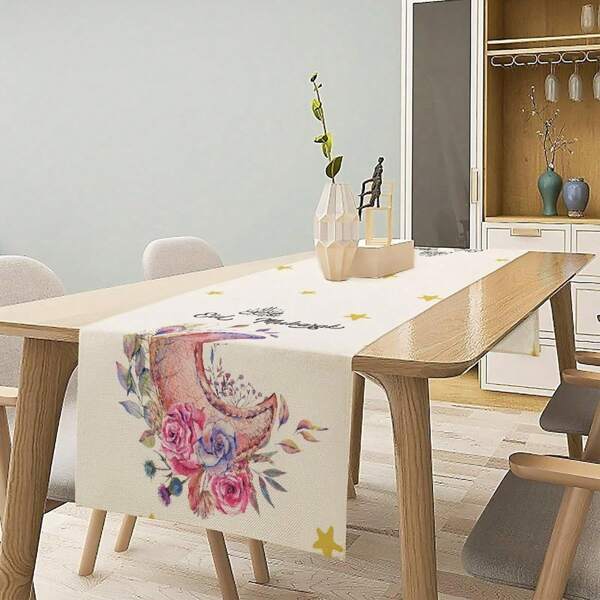 1PC Table Runner, Pink Moon Flowers Stars Ramadan Eid Table Runners, Dresser Scarf Tabletop Restaurant Dining Kitchen Wedding Party Decorations