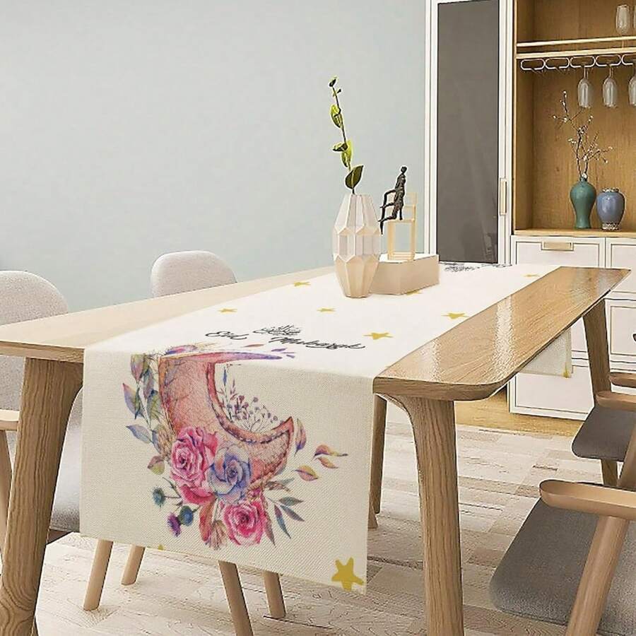 1 Stück Tischläufer, Rosa Mond Blumen Sterne Ramadan Eid Tischläufer, Kommoden Schal Tischplatte Restaurant Dining Küche Hochzeit Party Dekorationen