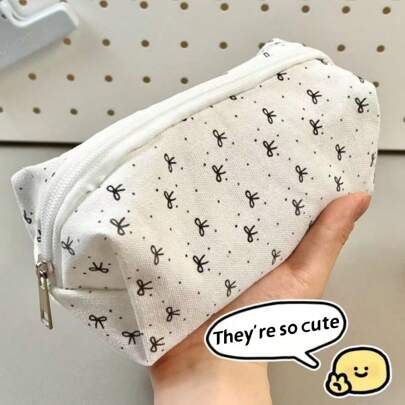 1pc Cute Large Capacity Cosmetic & Stationery Storage Bag, Bow Decor Pencil Case Back To School,Pencil Pouch,School Bag