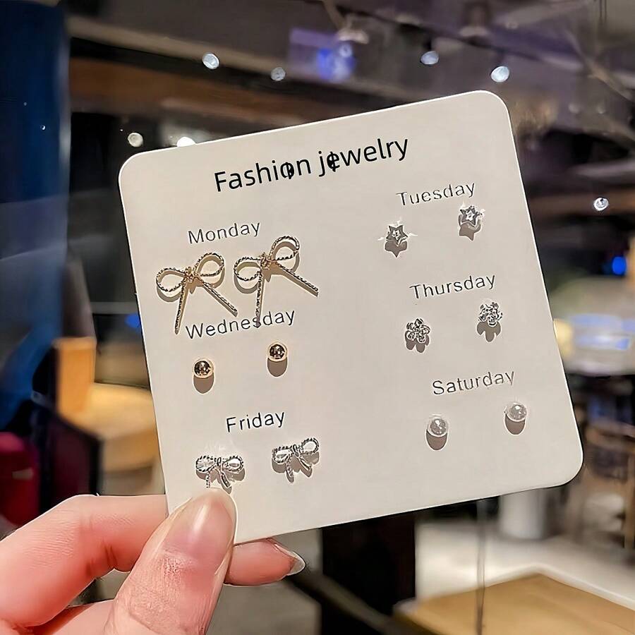 6pairs New Arrival Bowknot Feather Heart-Shaped Rhinestone Earrings Set, Rose Gold, Cute Style Valentines,Mom,Mother,Mother's Day,Gift