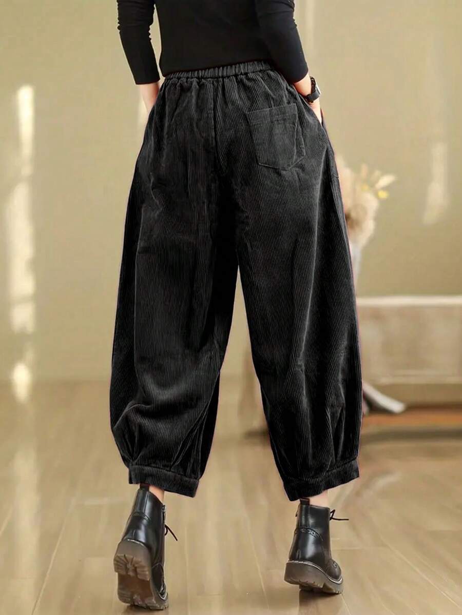 女士休闲灯芯绒八分裤宽松超大直筒裤粗腿阔腿裤适合春秋季穿 - 黑色 - 查看 1