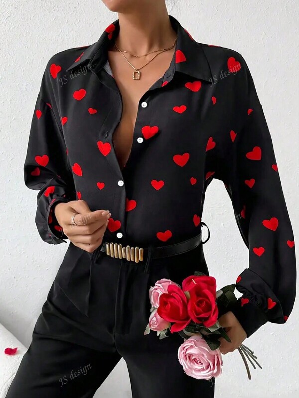 Women's Valentine's Day Fashion Heart Print Long Sleeve Shirt, Casual Long Sleeve Turndown Collar Front Button Shirt