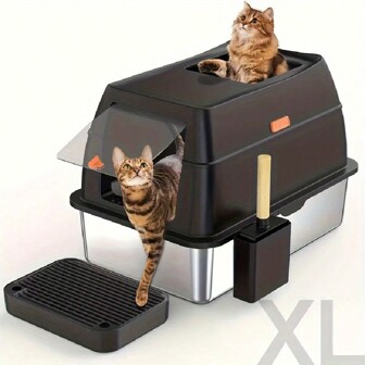 1 conjunto de caja de arena para gatos cerrada con pala de arena, alfombrilla antideslizante, bandeja de arena extraíble y fácil de limpiar de acero inoxidable