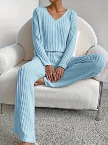 2-Pack Women's Solid Color Ribbed Knit Autumn/Winter Pajama Set -V Neck Long Sleeve Sleepwear & Pants, Outwear-Ready Loungewear For Sports & Home, Minimalist & Chic - 藍色 - 查看 5