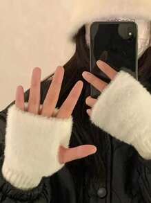 全新貂皮羊毛半指手套 女士冬季柔软保暖奢华纯色毛绒针织露指手套 - 彩色 - 查看 4