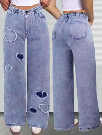 青少年女孩时尚心形贴片宽松牛仔裤，青少年女孩多功能街头风格牛仔裤
