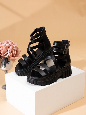 2025 夏季女士时尚罗马凉鞋，后拉链，镂空百搭舒适凉鞋