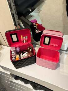 多色可选镜子并可存放化妆刷钻石形刺绣线高级化妆包，镜子收纳一体式便携式手持化妆盒，浴室收纳化妆包，ins风美妆收纳包，波西米亚风，适合度假海滩，浴室收纳，卧室收纳，大容量