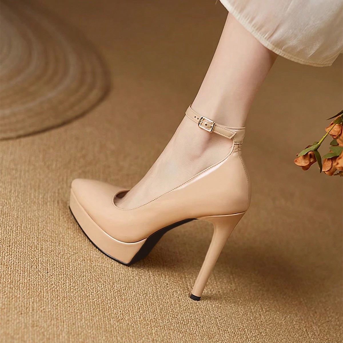 Zapatos de tacón alto para mujer, bombas de tacón fino con hebilla de correa, tacón súper alto, disponible en rosa, albaricoque, desnudo, burdeos,